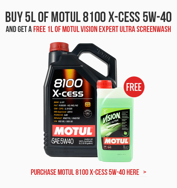 Buy 5L of Motul 8100 X-Cess 5w-40 and get a free 1L of Motul Vision Expert Ultra screenwash